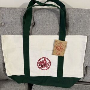 Trader Joe's Cream and Blue Canvas Tote Bag